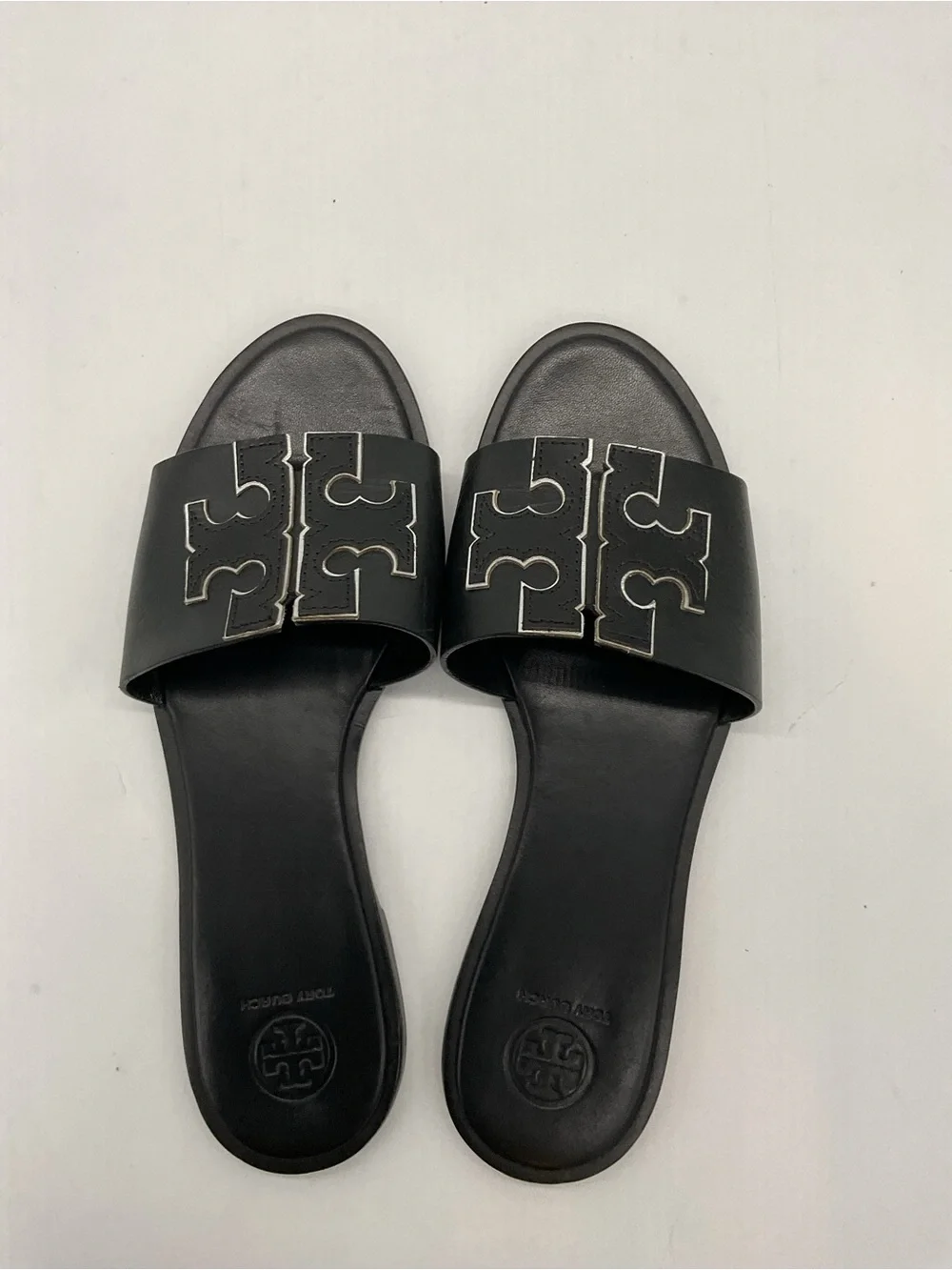 Tory Burch Black Leather Slide Sandals with Contrast Logo